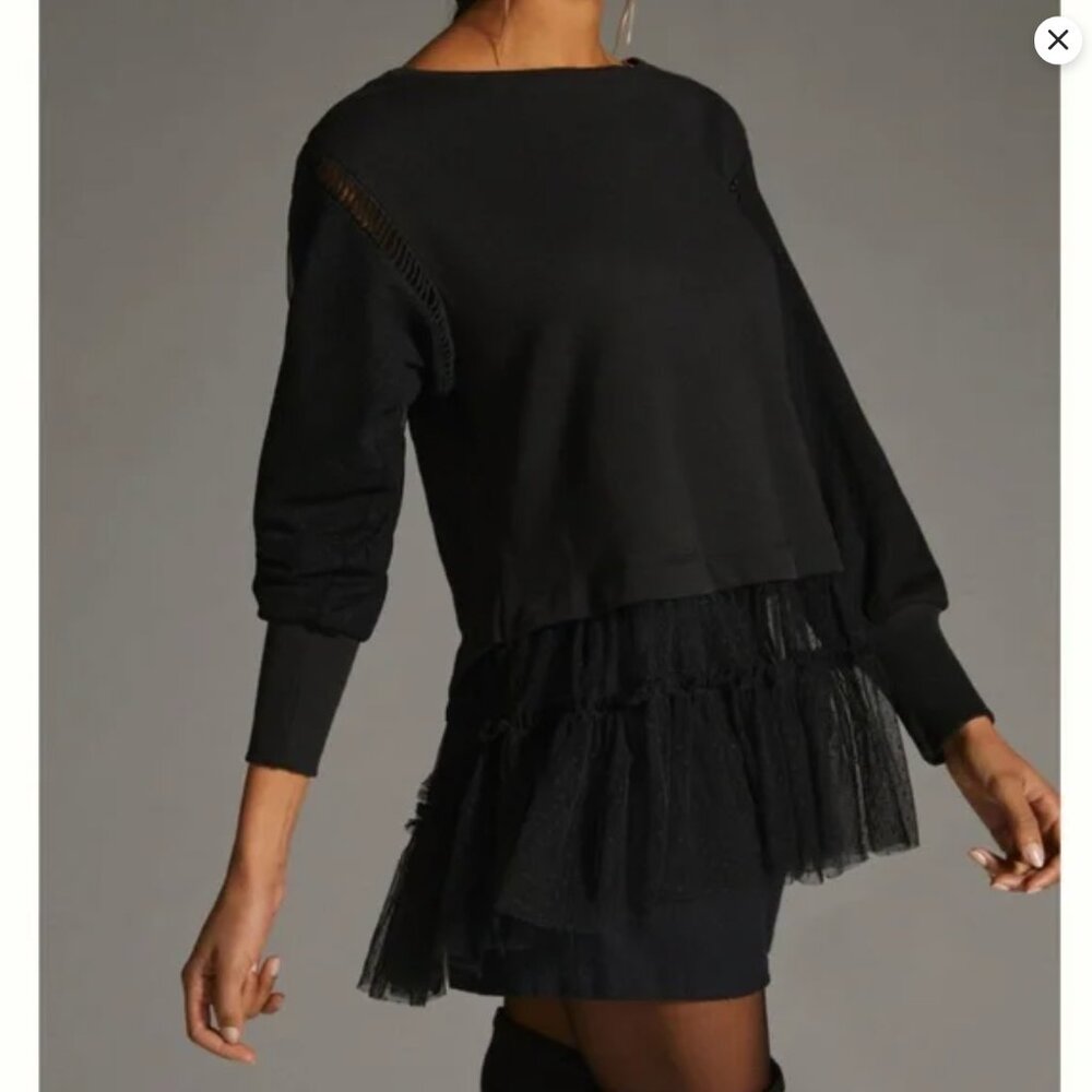 By Anthropologie Tulle Skirt Hem Sweatshirt in Black NWOT M